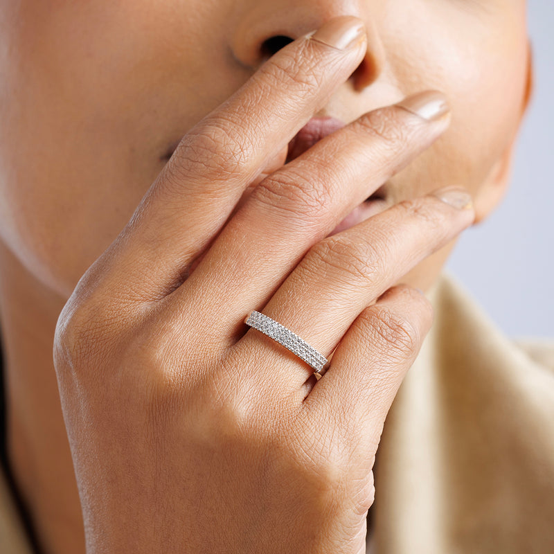 Stackable eternity ring on finger, 925 silver with pavé round stones