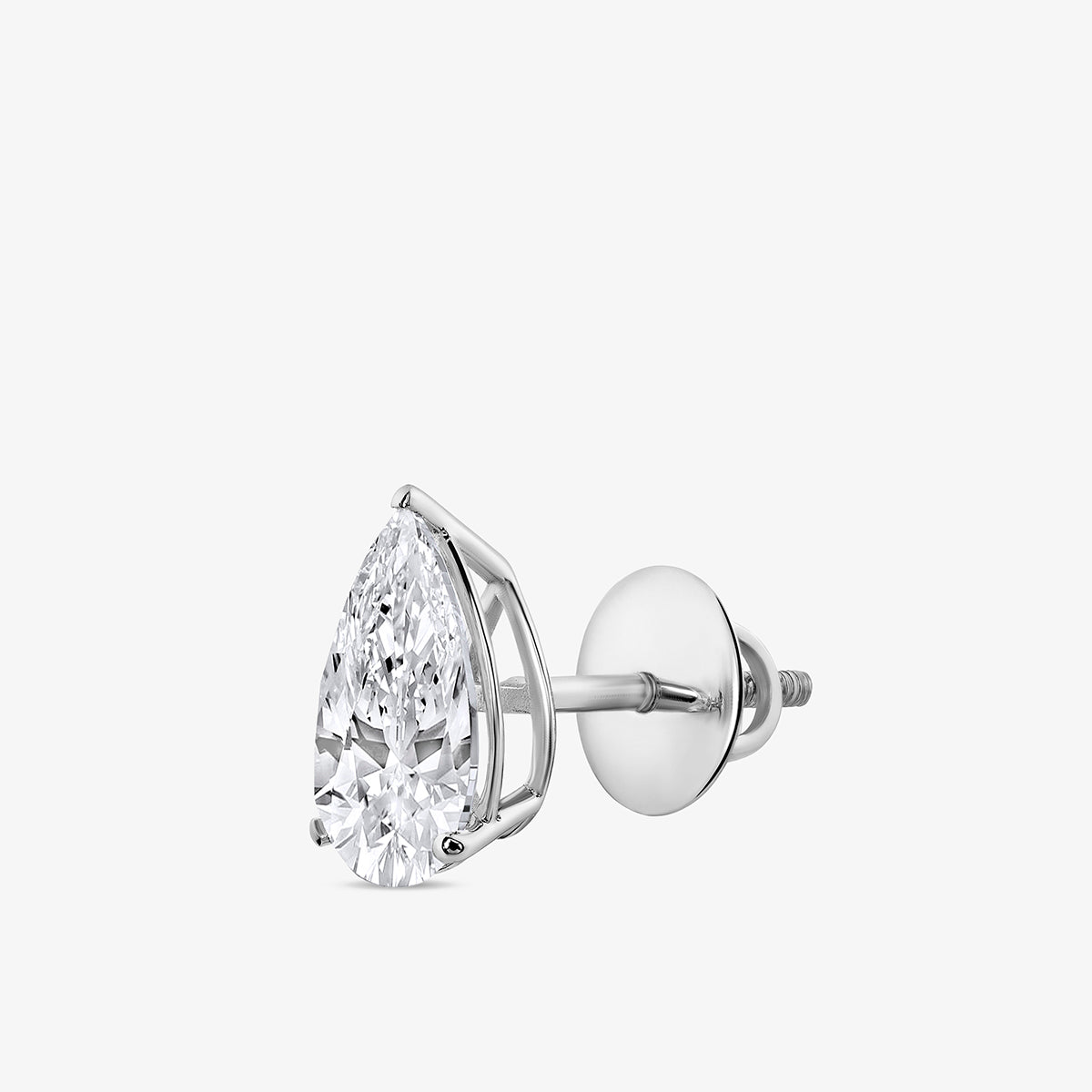 Keemti Jewels PEARLORIA Solitaire Stud Earring features a pear-shaped stone and secure screw back on white background.