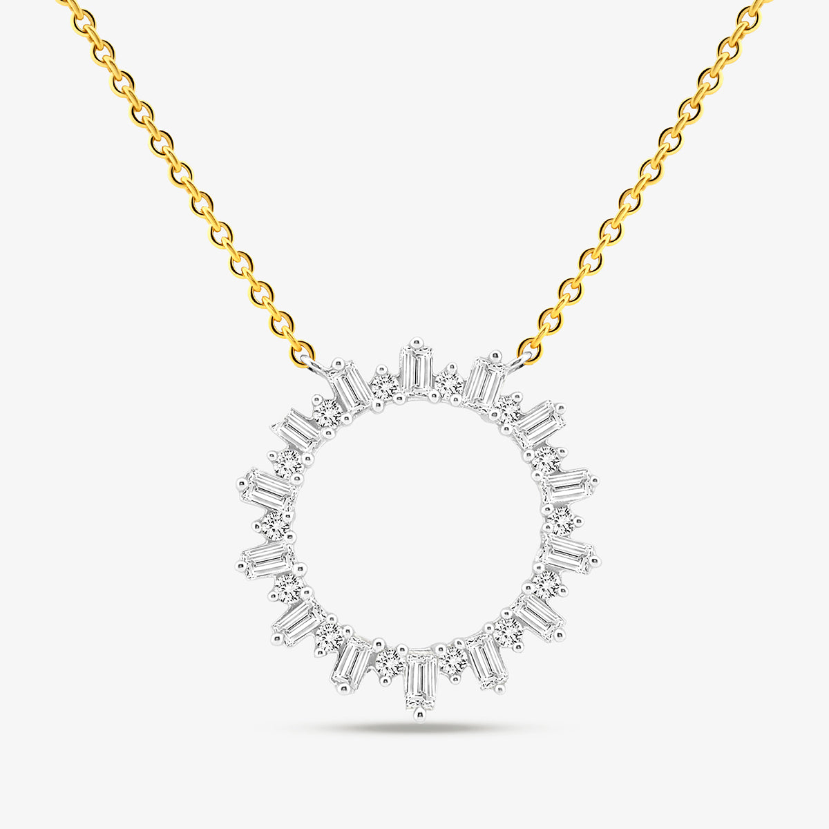Keemti Jewels SPARKLING Circle Diamond NECKLET features baguette and round-cut stones in a sunburst design.