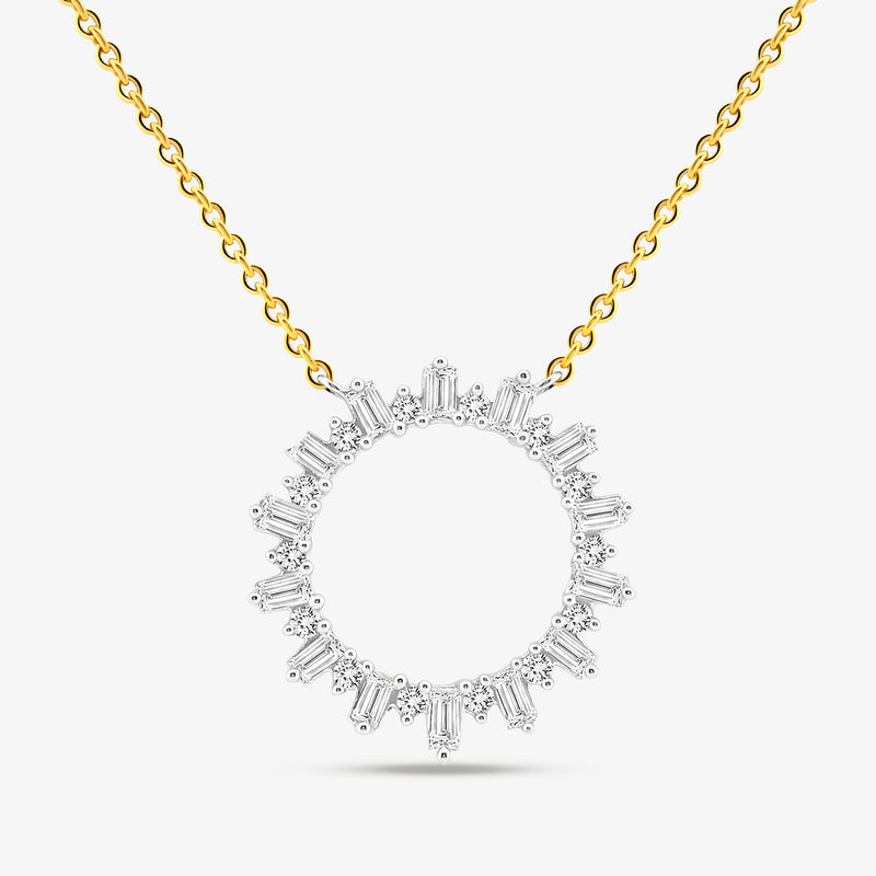 Keemti Jewels SPARKLING Circle Diamond NECKLET features baguette and round-cut stones in a sunburst design.