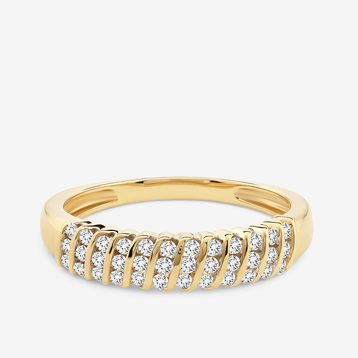 Spiral groove band ring, gold-toned band with white stones in repeating curved rows