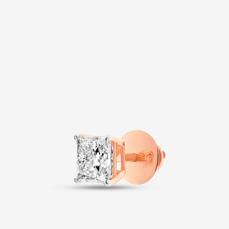 Keemti Jewels SQUARELUMIN Solitaire Stud Earring with square design, rose gold open gallery on white background.