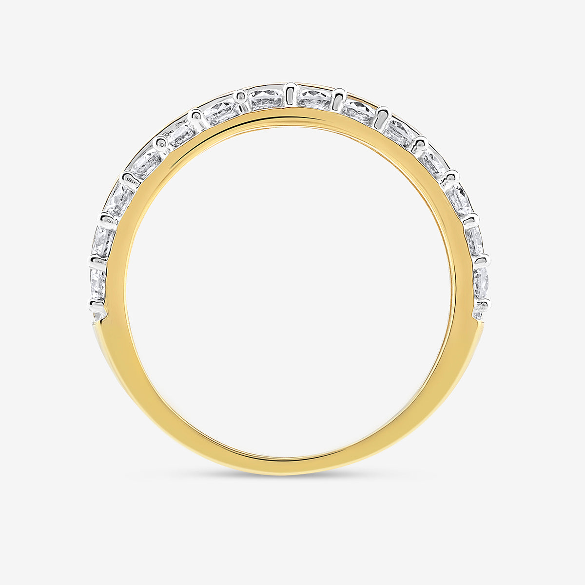 Half Eternity ring profile, gold-toned band with a silver pavé row across top