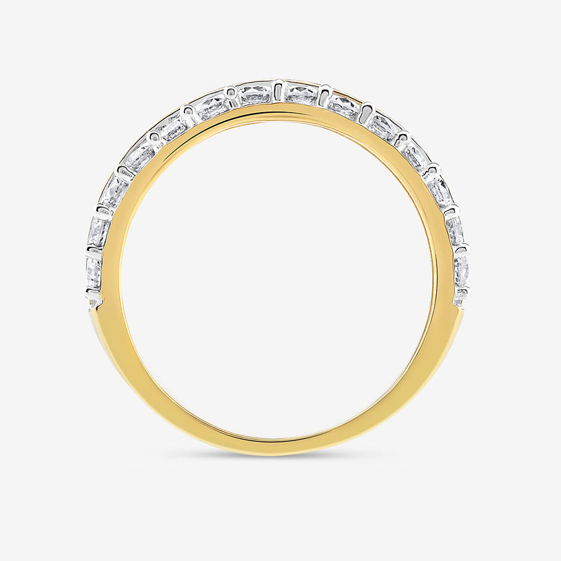 Half Eternity ring profile, gold-toned band with a silver pavé row across top