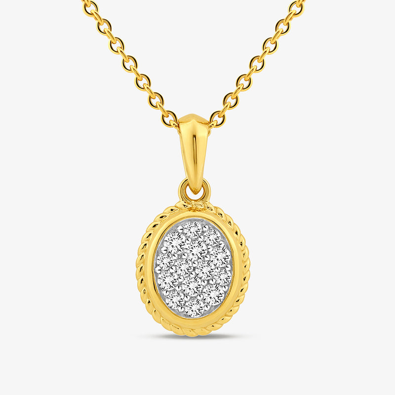 Gold-tone oval pendant necklet: oval cluster stone with textured halo bezel