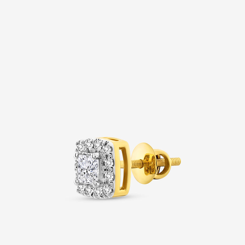 Keemti Jewels CLASSIC Princess Stud Earrings: square gold studs with a halo of round stones and screw-back closure.