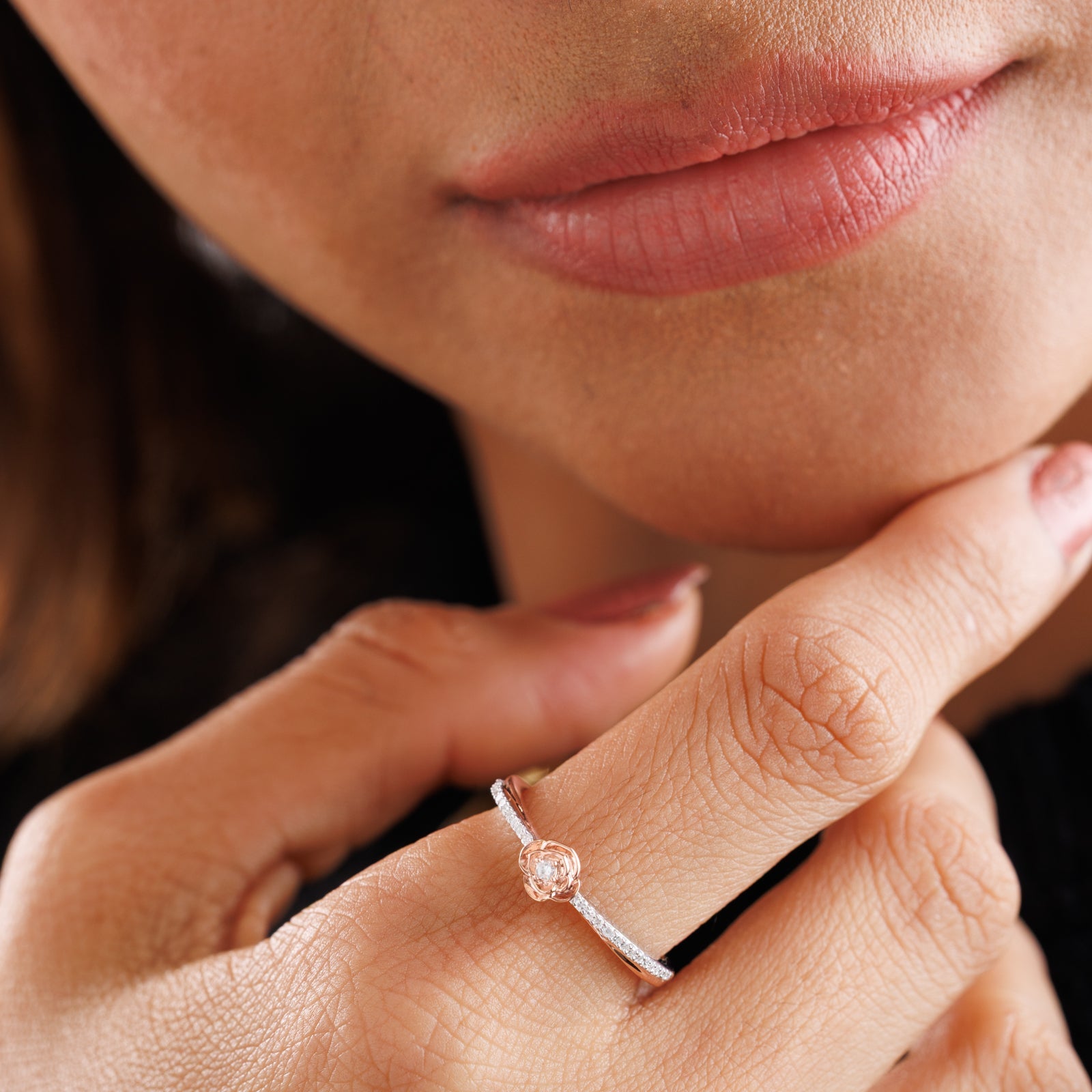 Blush Promise ring on finger, small round flower top with pavé band, 925 silver