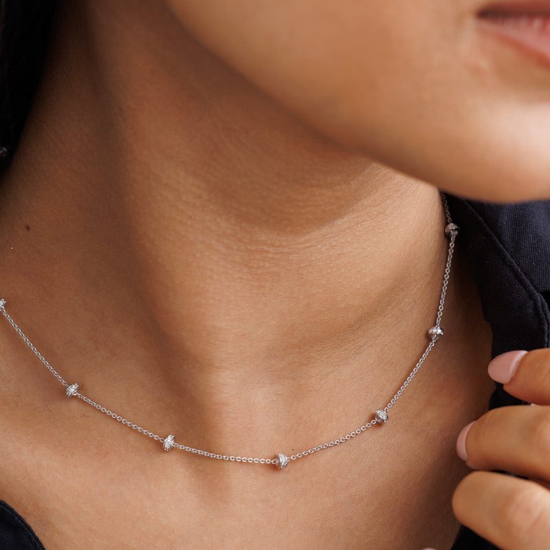 Silver 925 diamond line necklace on neck, small square diamond station links