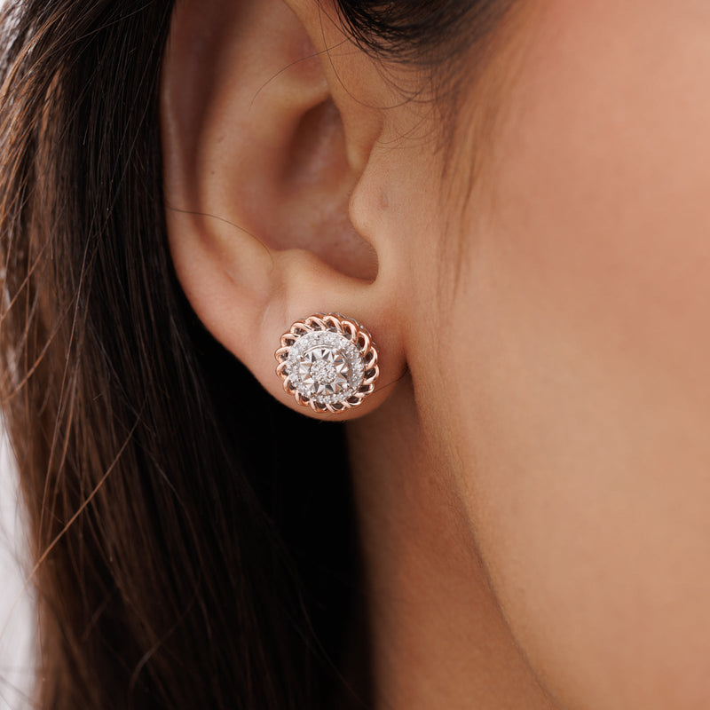 AURORA cluster stud earrings on ear: round halo cluster in rose gold vermeil, 0.75ct