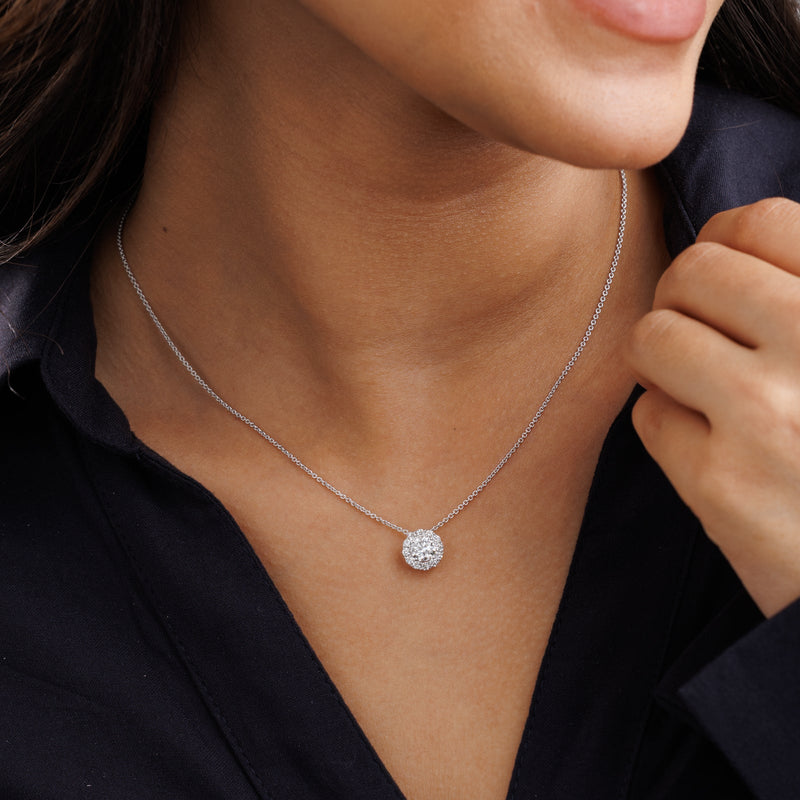 On-wear BLUSH Aura necklace with round halo pendant and chain, silver tone