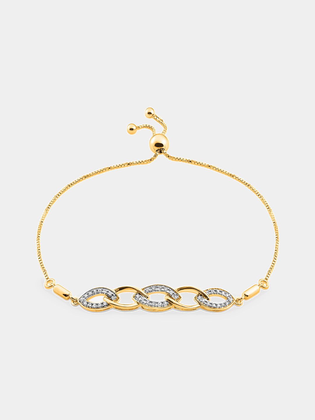 Two-tone interlinked bolo bracelet in sterling silver 925, pavé oval links