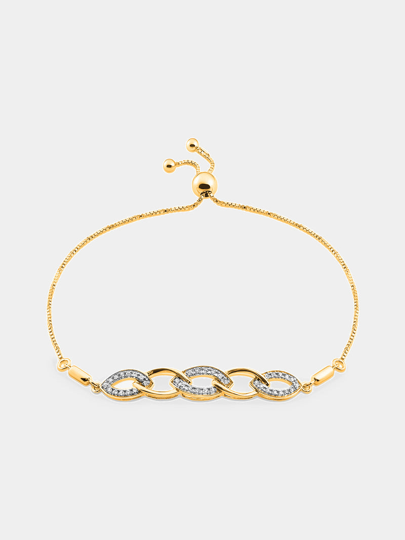 Two-tone interlinked bolo bracelet in sterling silver 925, pavé oval links