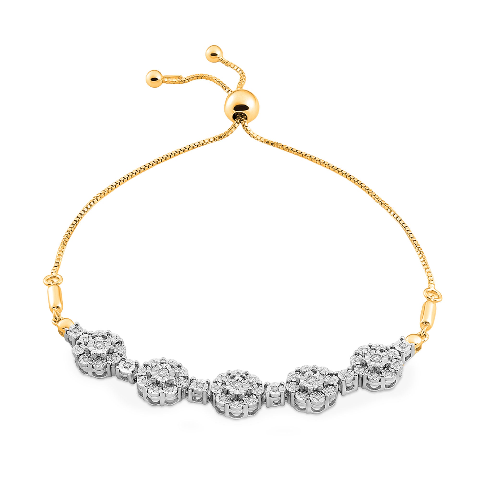 Keemti Jewels' Florette Bloom Bolo Bracelet with five diamond clusters, shown elegantly on a white background.