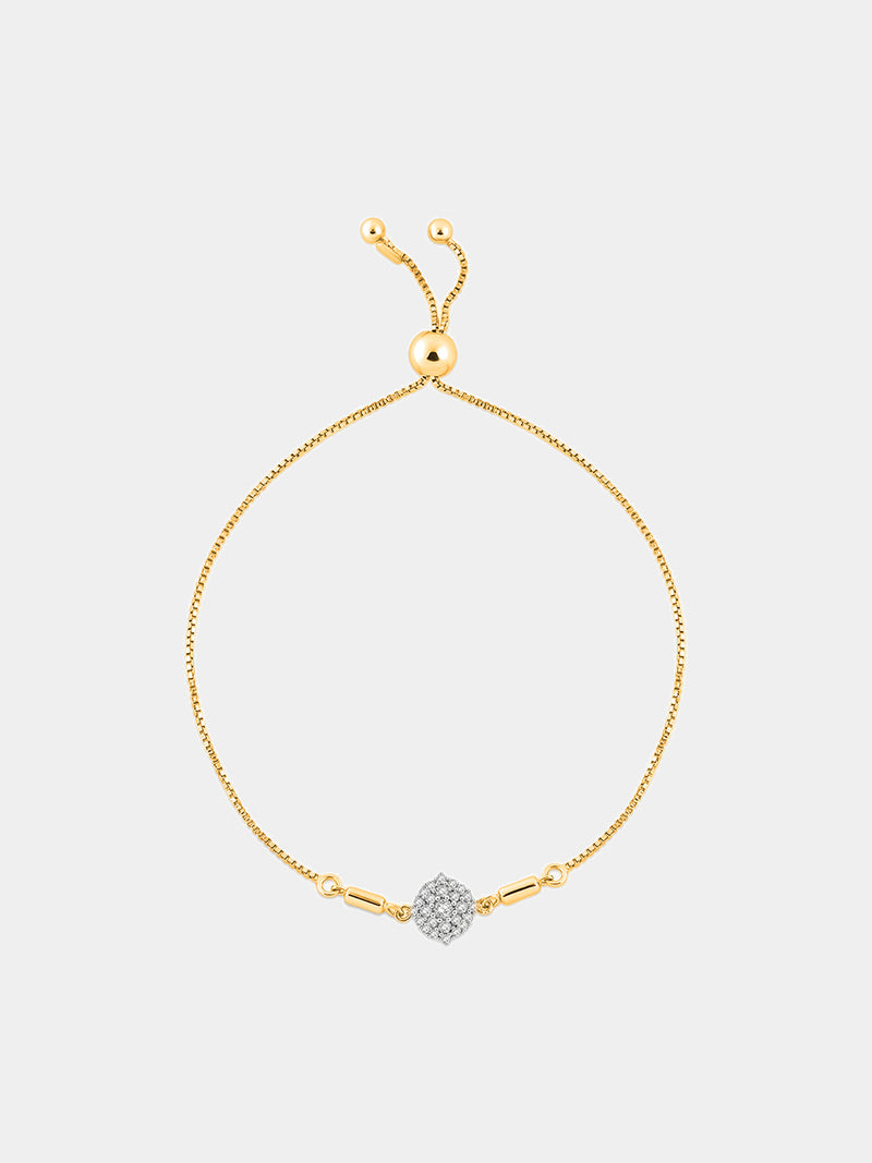 Silver-tone bolo bracelet with round pavé center charm and adjustable sliding links