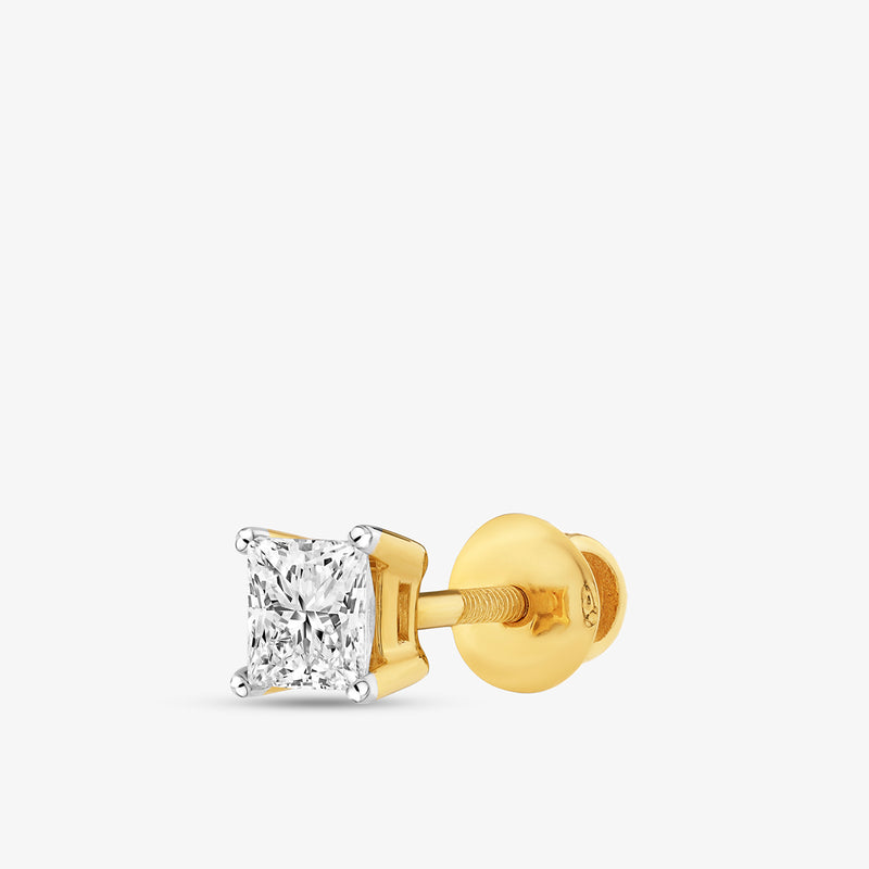 The SQUARELUMIN Solitaire Stud Earrings by Keemti Jewels feature a clear gemstone in a gold square setting.