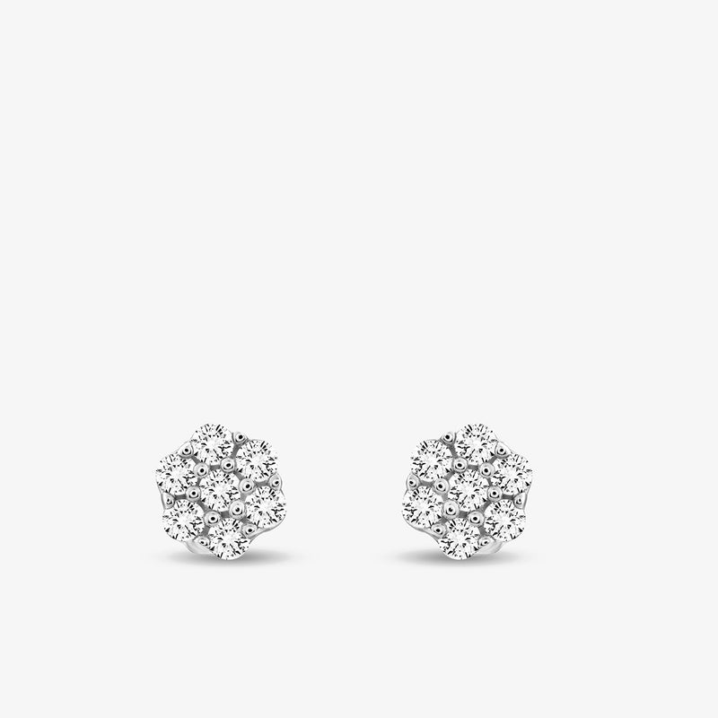 CLASSIC Cluster stud earrings in 14Kt white gold, round diamond clusters