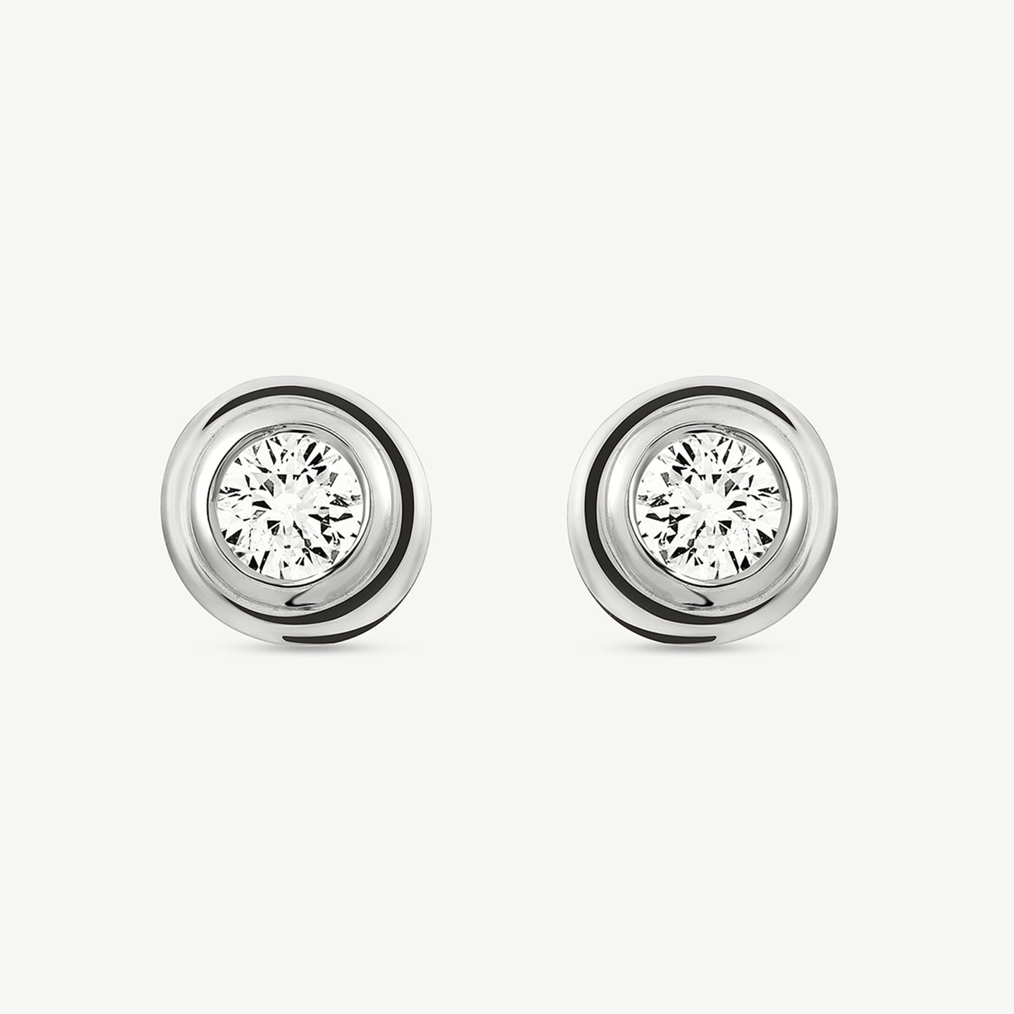 Classic round stud earrings with gold-tone bezel and white sparkling center stone