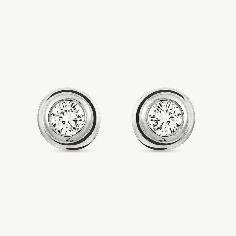 Classic round stud earrings with gold-tone bezel and white sparkling center stone
