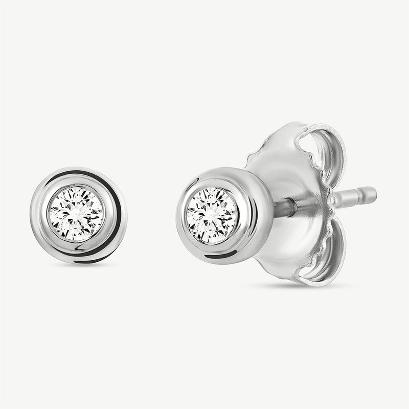 Keemti Jewels Classic Everyday Shine Stud Earrings: round studs with bezel-set gems, shown front and side on white.