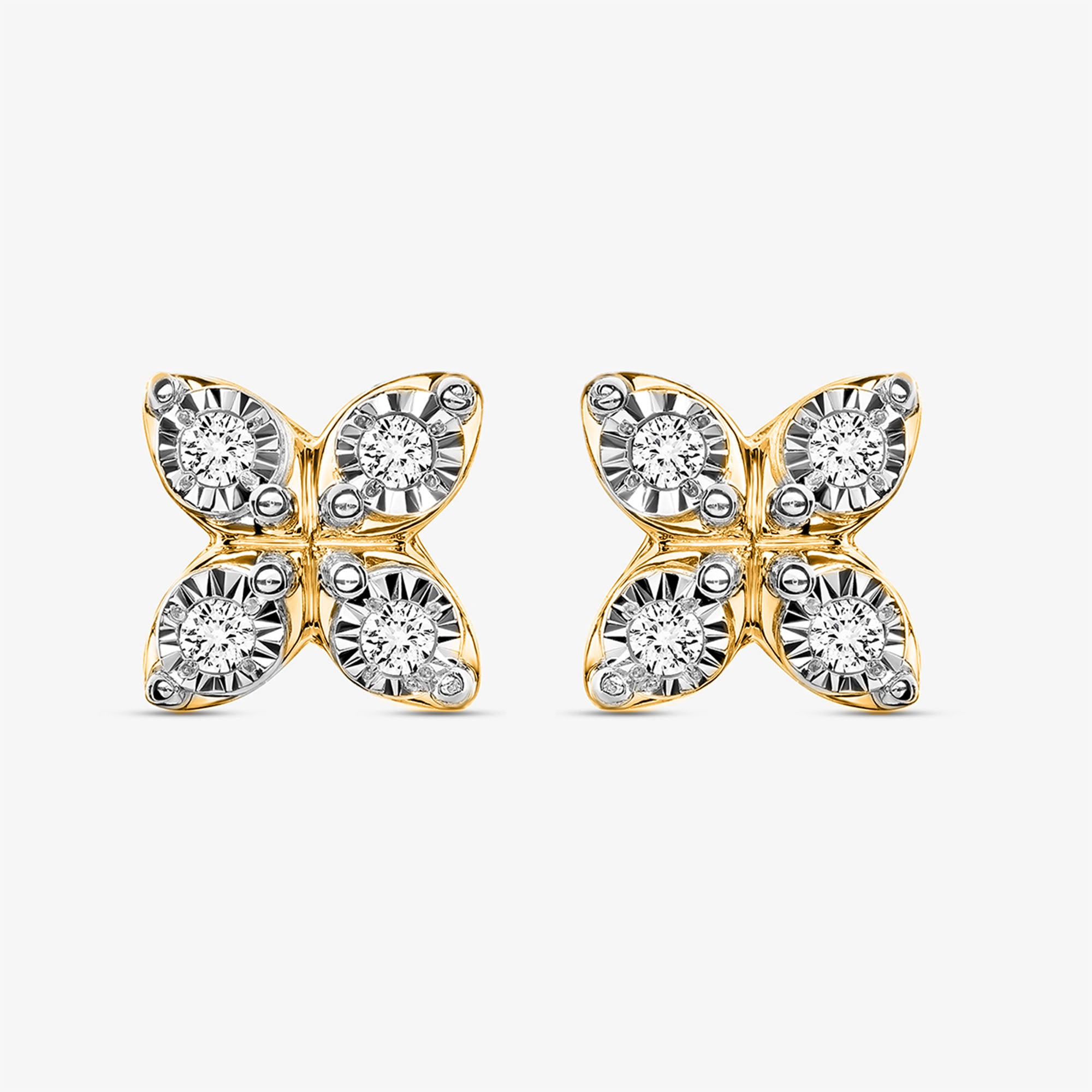 Keemti Jewels' Clover Spark Stud Earrings: gold butterfly studs with four diamonds, shining on a white background.