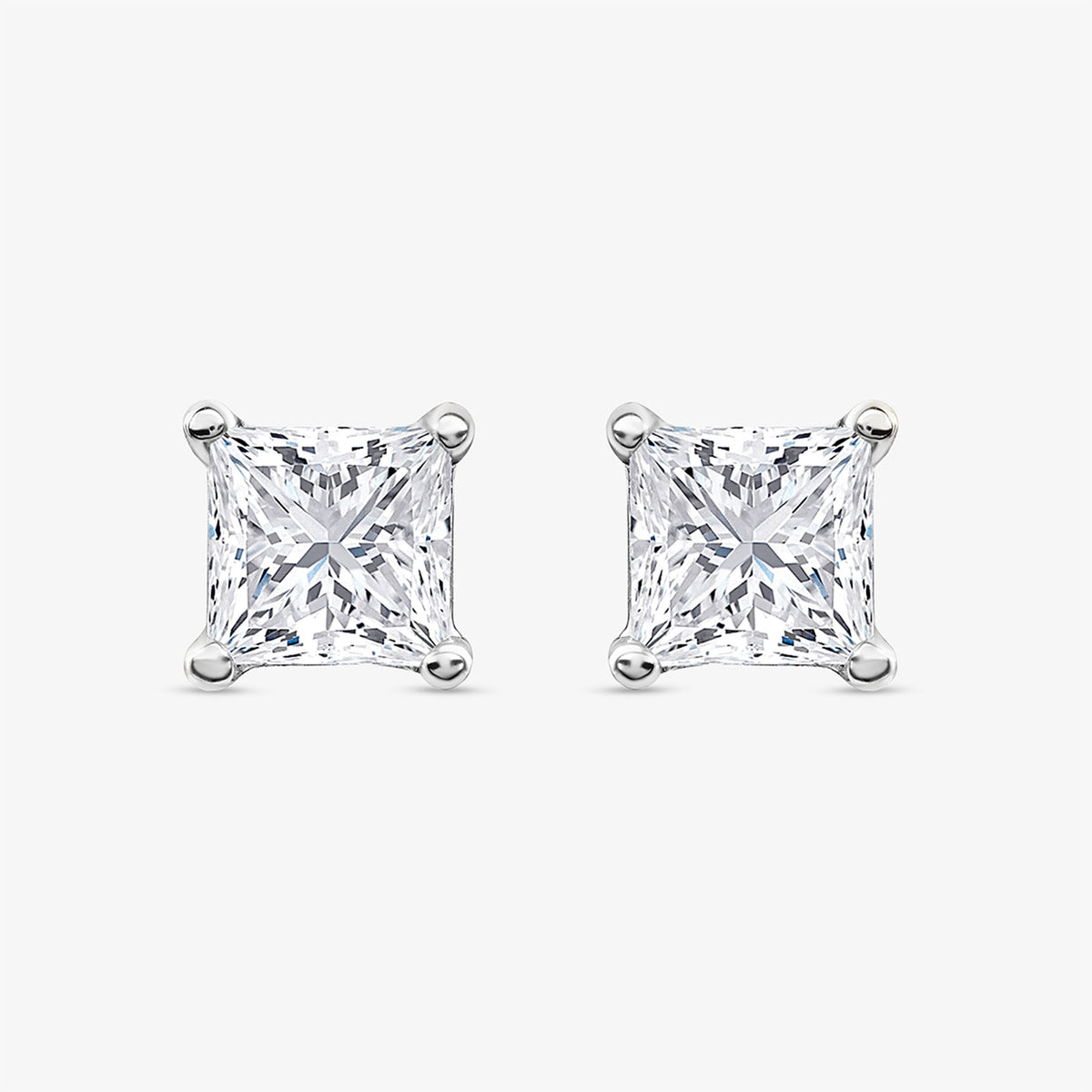 Square diamond stud earrings, 925 silver, 0.75 ct, cushion-cut square setting