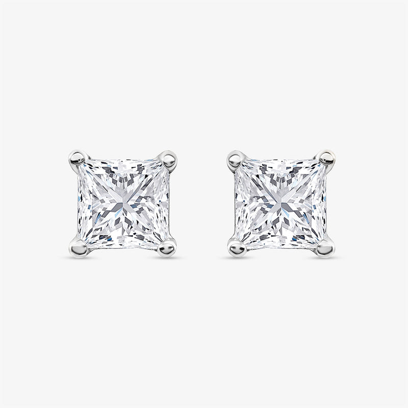 Square diamond stud earrings, 925 silver, 0.75 ct, cushion-cut square setting