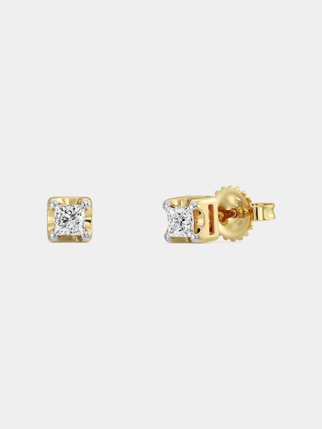 Keemti Jewels Modern Luxe Cube Stud Earrings with square-cut clear stones in four-prong settings, on white background.