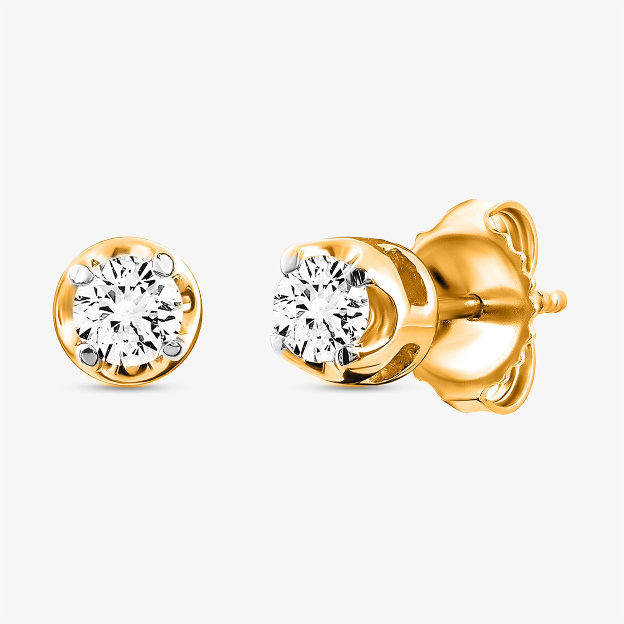 Keemti Jewels' Everyday Glow Solitaire Stud Earrings with round clear stones, shown front and side on white.