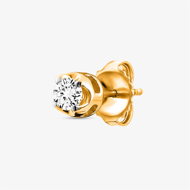 Keemti Jewels' Everyday Glow Solitaire Stud Earrings: gold, round diamond in prong setting on white background.