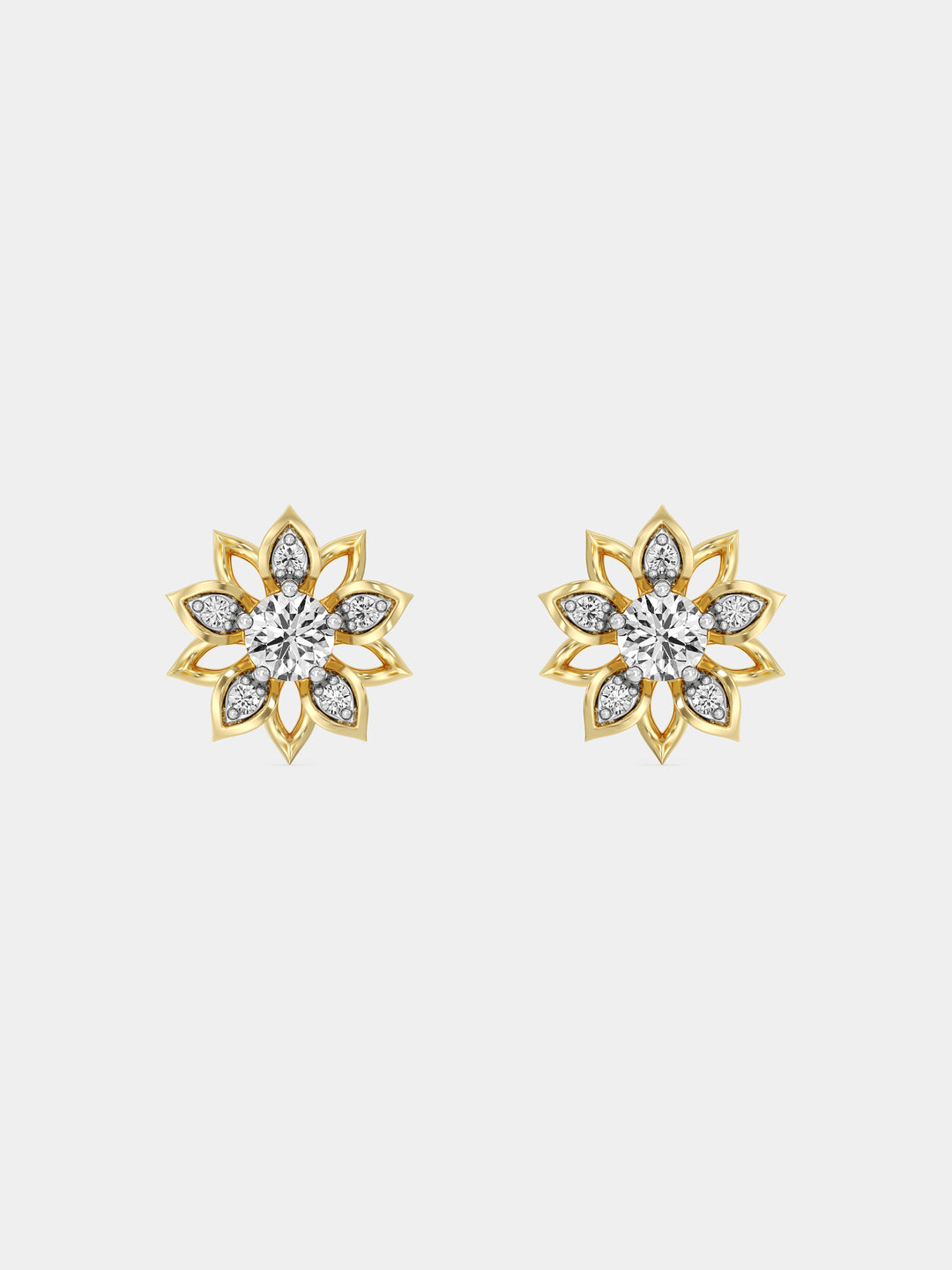 A close-up of an ear wearing Keemti Jewels’ Golden Mirage Bloom Stud Earrings with clear gemstone and petal accents.