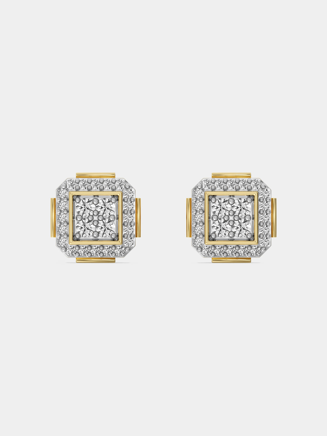 Square halo diamond stud earrings with gold-tone frame and pavé border, 0.75 ct