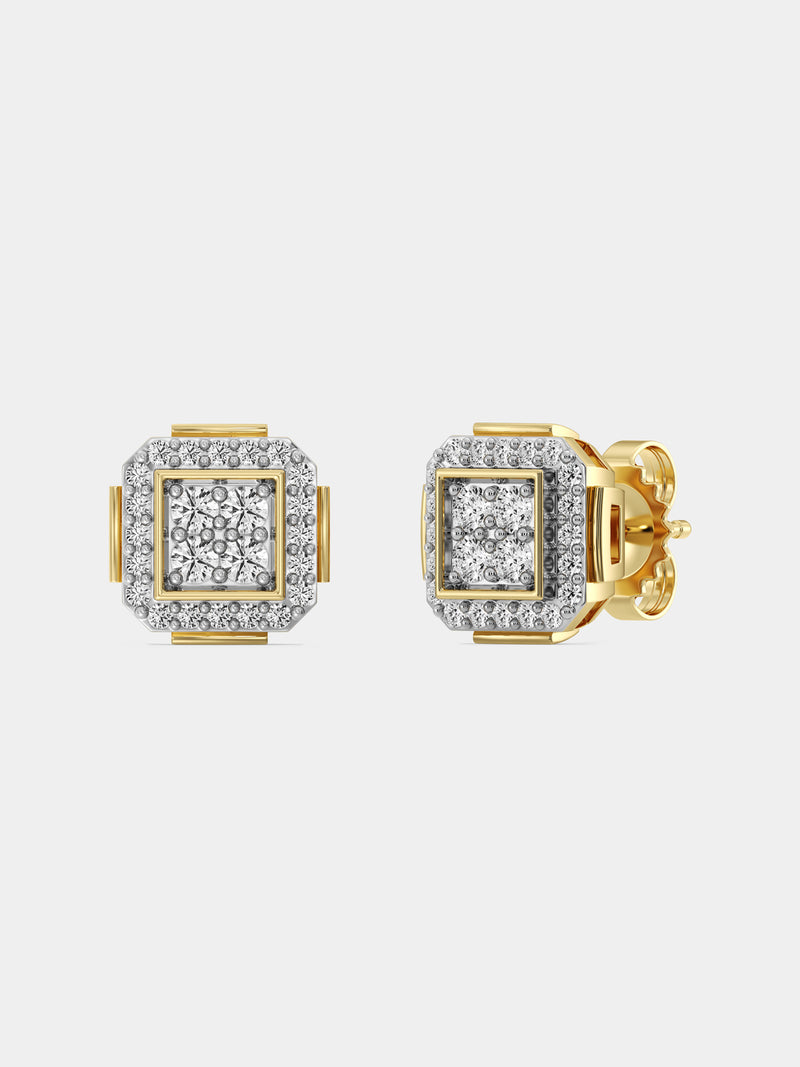 Square halo diamond stud earrings, gold-tone back detail and pavé halo edging