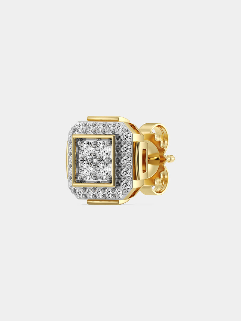 Square halo diamond stud earrings with large square center stones and pavé surround