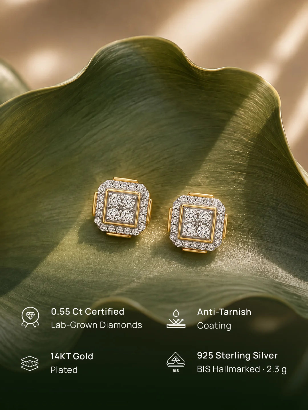Golden Square Halo Diamond Stud Earrings