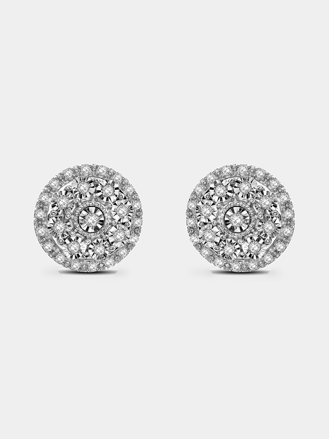 Bloom Stud Ohrringe, silberfarbene runde Fassung mit vielen funkelnden Steinen