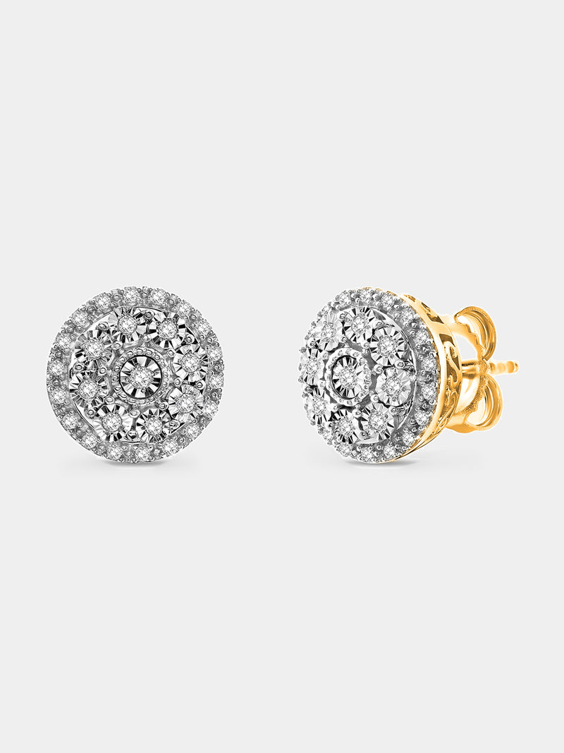 Keemti Jewels Halo Bloom Stud Earrings: round diamond clusters, floral gold design, secure screw-back closure.