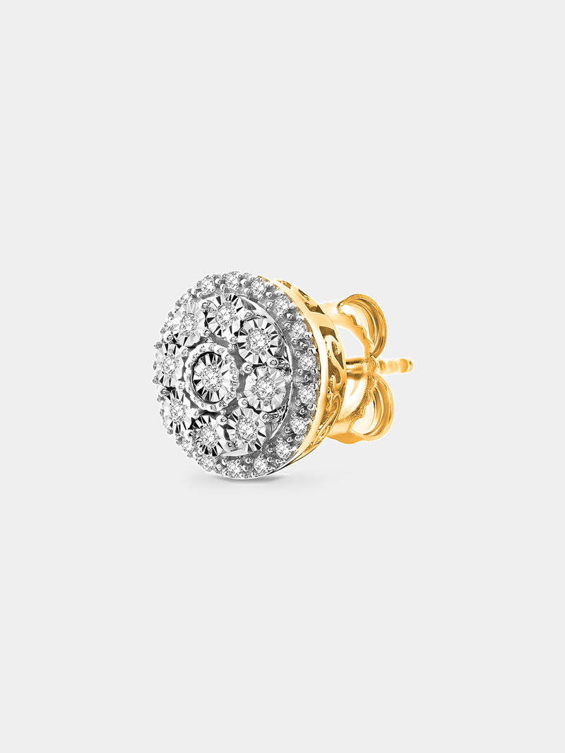 Keemti Jewels’ Halo Bloom Stud Earrings: circular, radiant flower-inspired studs adorned with sparkling diamonds.