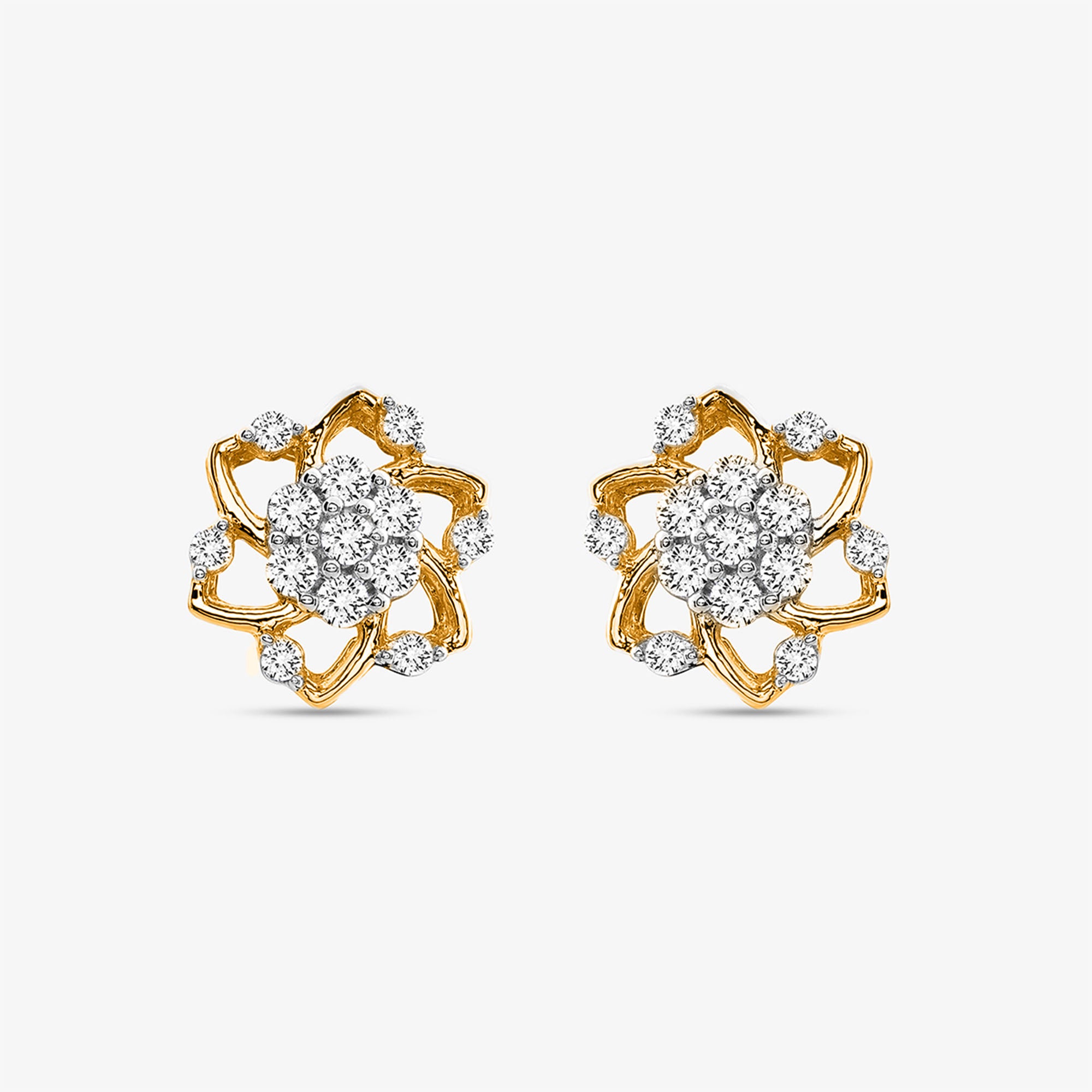 Keemti Jewels' Floral Essence Stud Earrings: elegant gold studs with sparkling diamonds in a floral design.