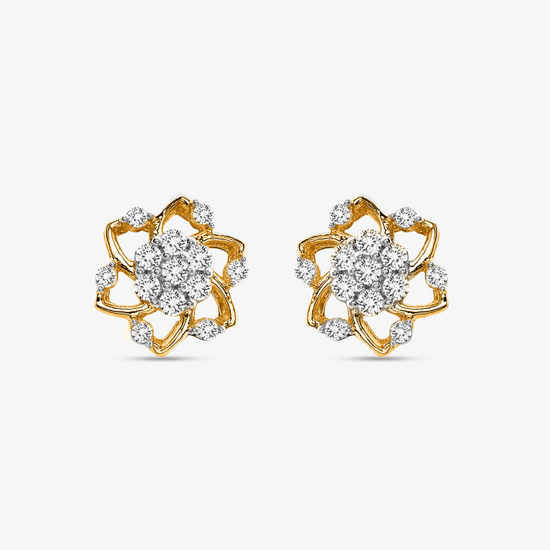 Keemti Jewels' Floral Essence Stud Earrings: elegant gold studs with sparkling diamonds in a floral design.