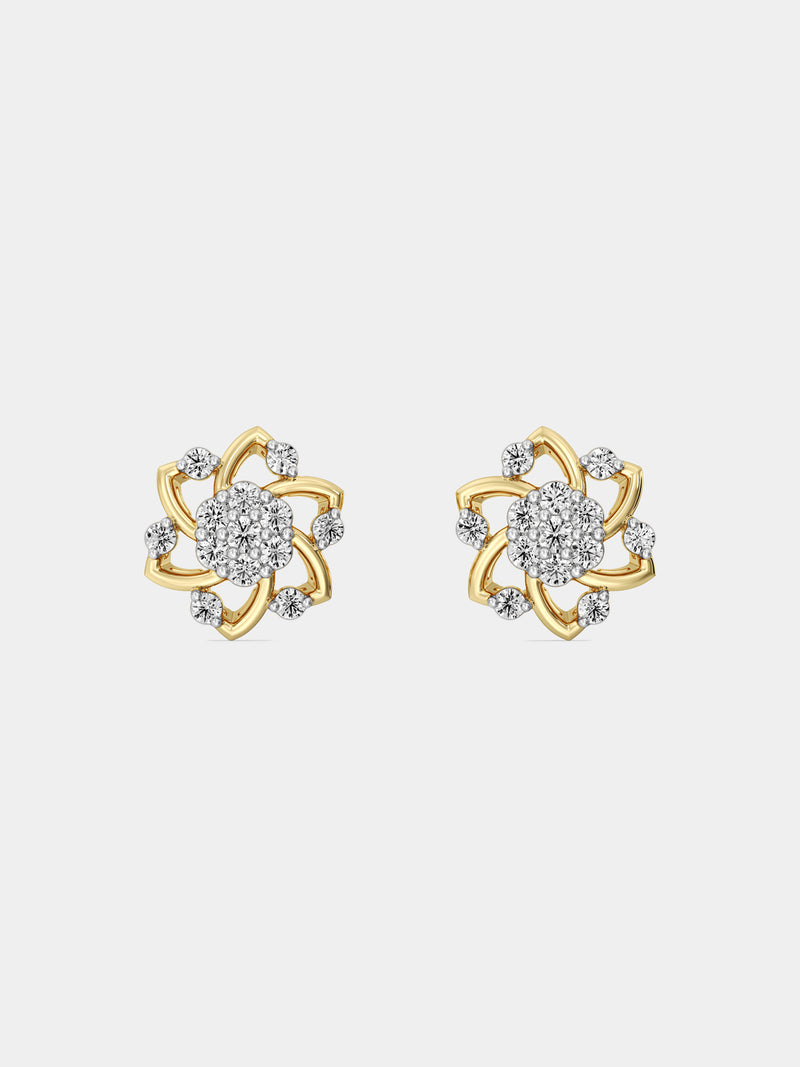 Close-up of an ear with Keemti Jewels' Floral Essence Stud Earrings—gold and diamonds for a feminine touch.