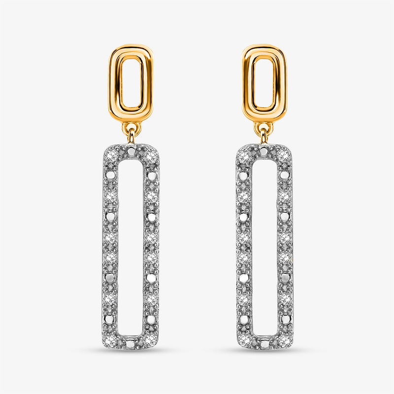 Geometric Diamond Drop Earrings by Keemti Jewels feature gold, diamonds, and open rectangular frames on white.