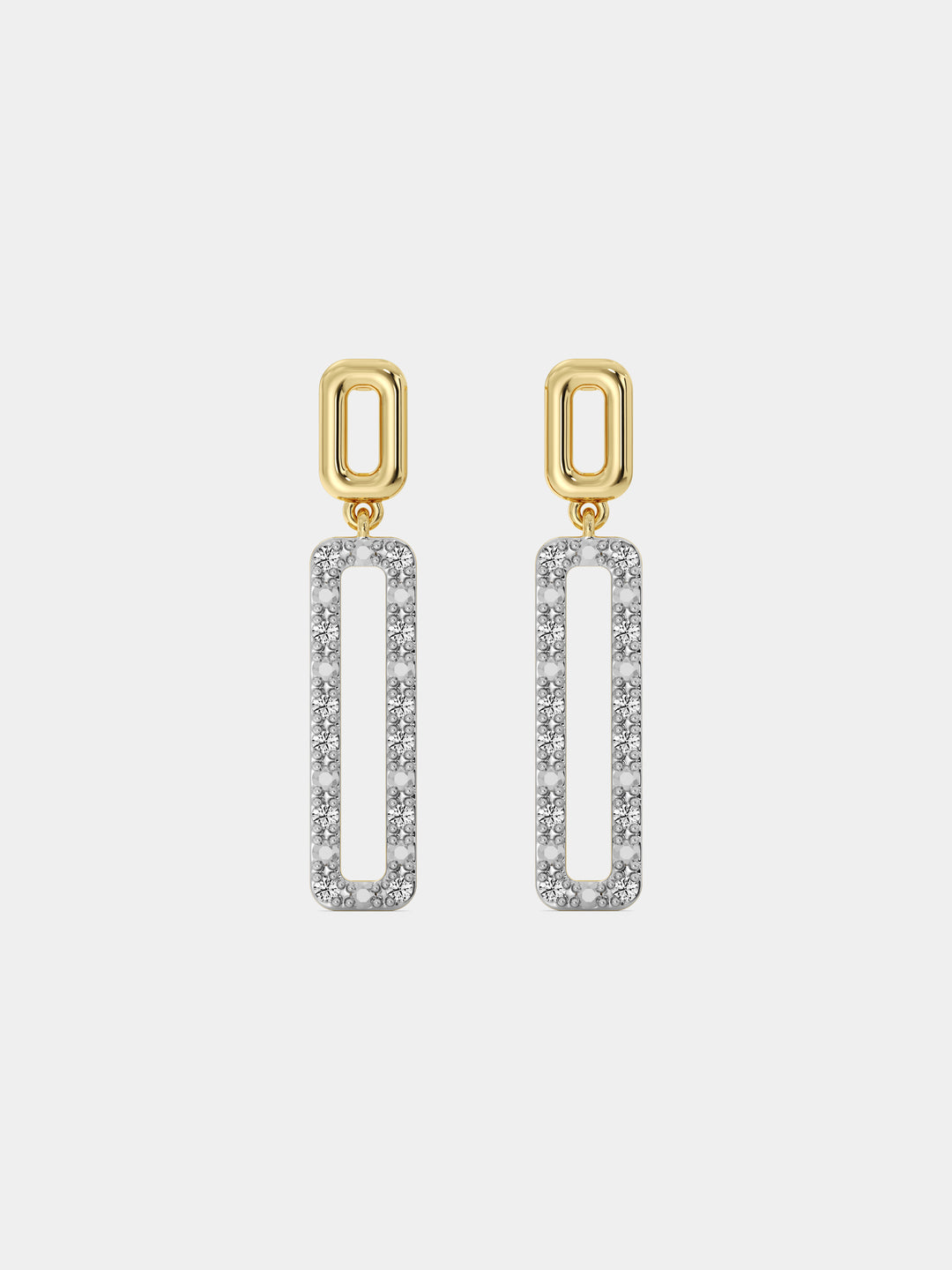 Geometric diamond drop earrings: gold top with silver pavé geometric rectangle drop