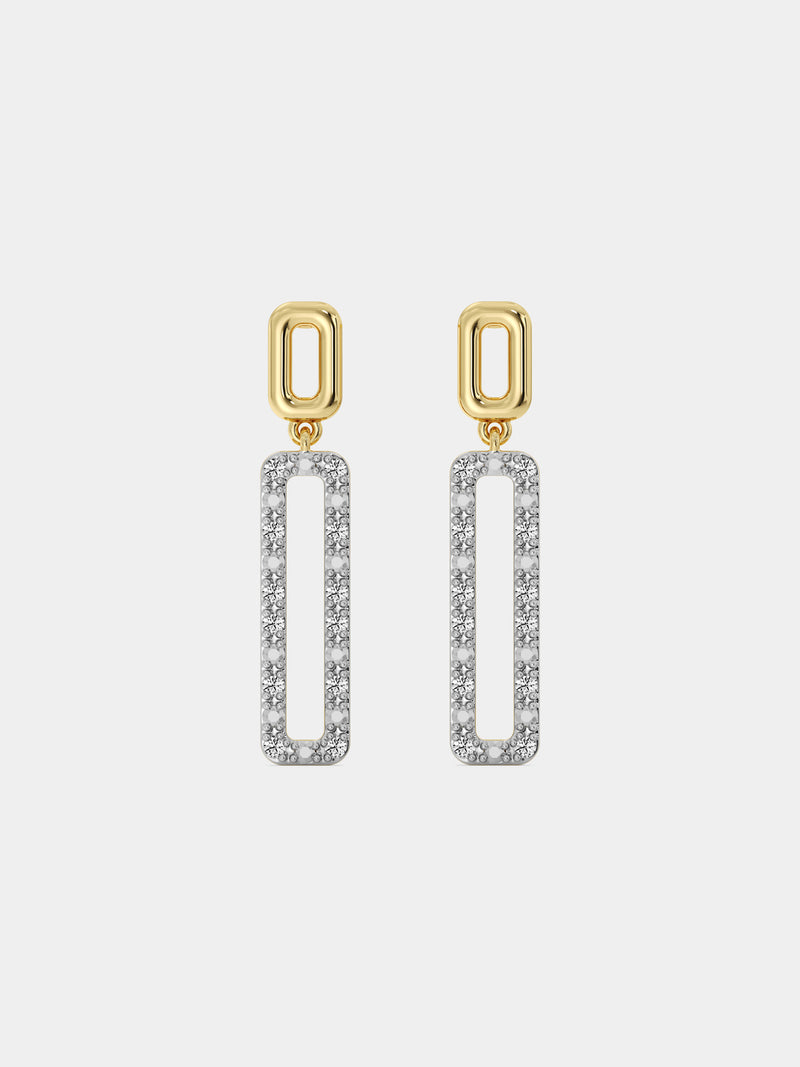 Geometric diamond drop earrings: gold top with silver pavé geometric rectangle drop
