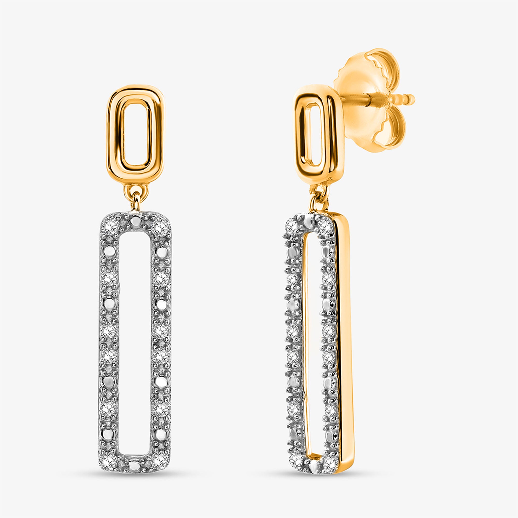 Geometric diamond drop earrings: gold top with silver pavé geometric rectangle drop
