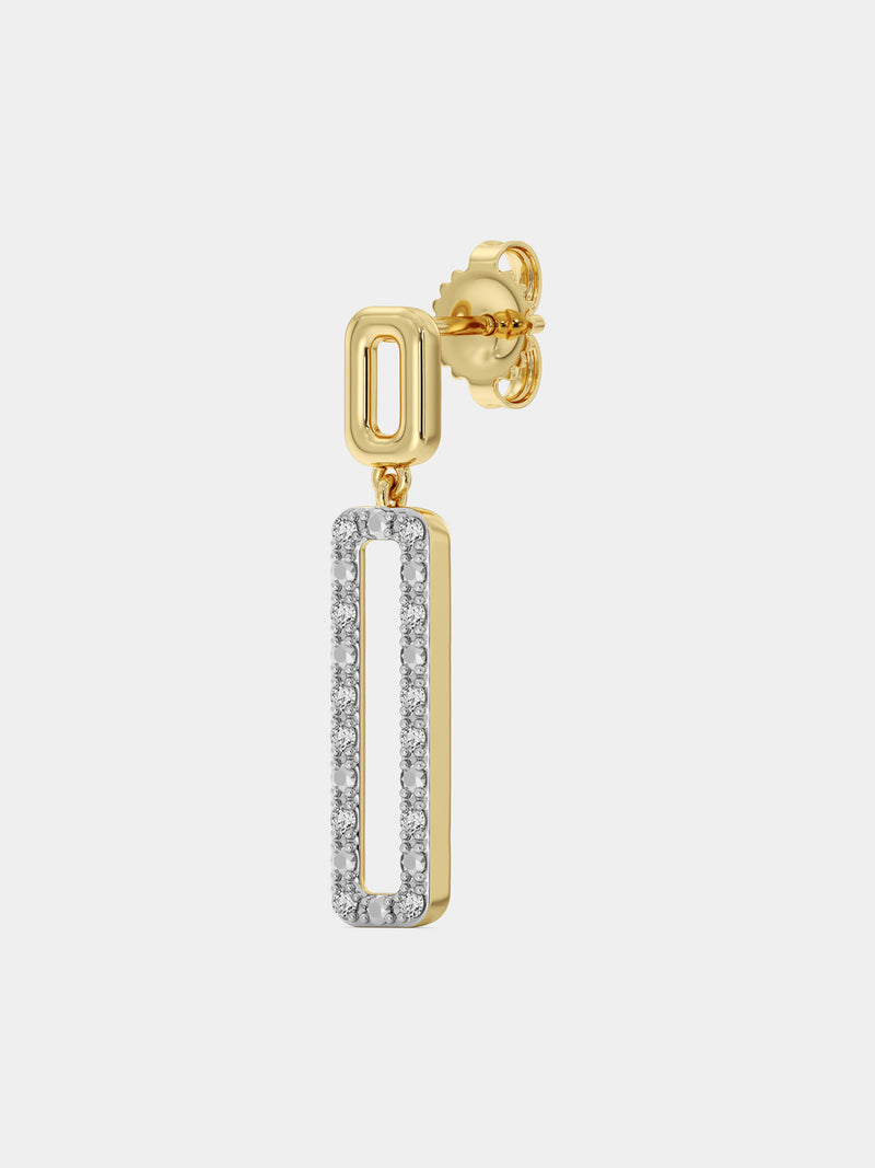 Keemti Jewels Geometric Diamond Drop Earrings: modern rectangular gold drops, elegant on a white background.