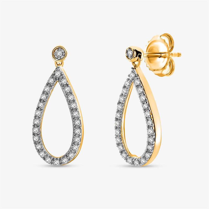 Teardrop open hoop earrings in silver tone with pavé stones, front view
