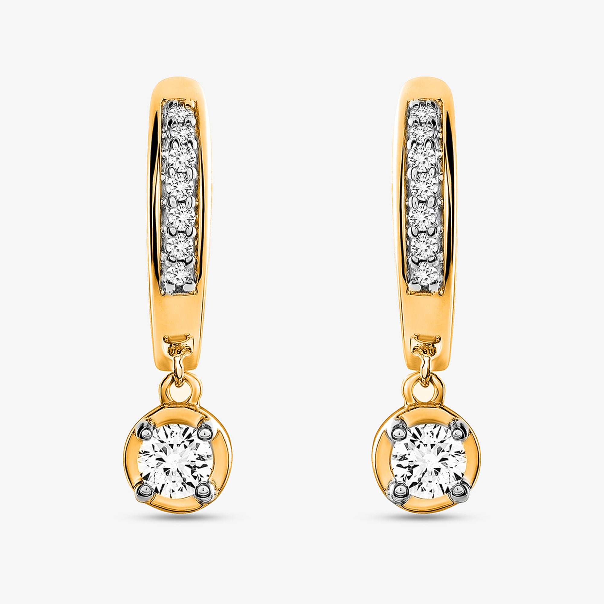 Keemti Jewels Mini Hoop Drop Earrings with pavé diamonds on hoops and a larger dangling diamond below.