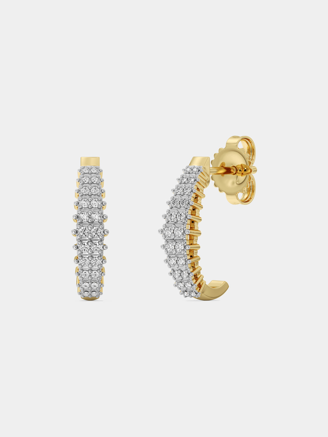 Keemti Jewels Sparkling Curved Hoop Earrings in gold, with rows of clear stones, shown from side and front angles.