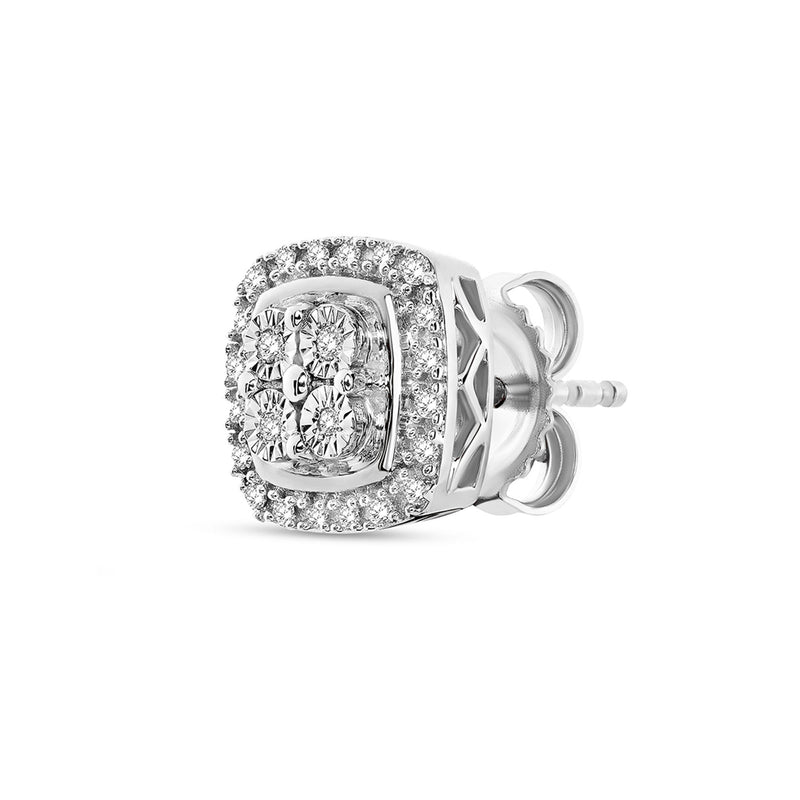 Grace Halo Diamond Earrings by Keemti Jewels feature cluster-set diamonds with a cushion halo in white metal, side view.
