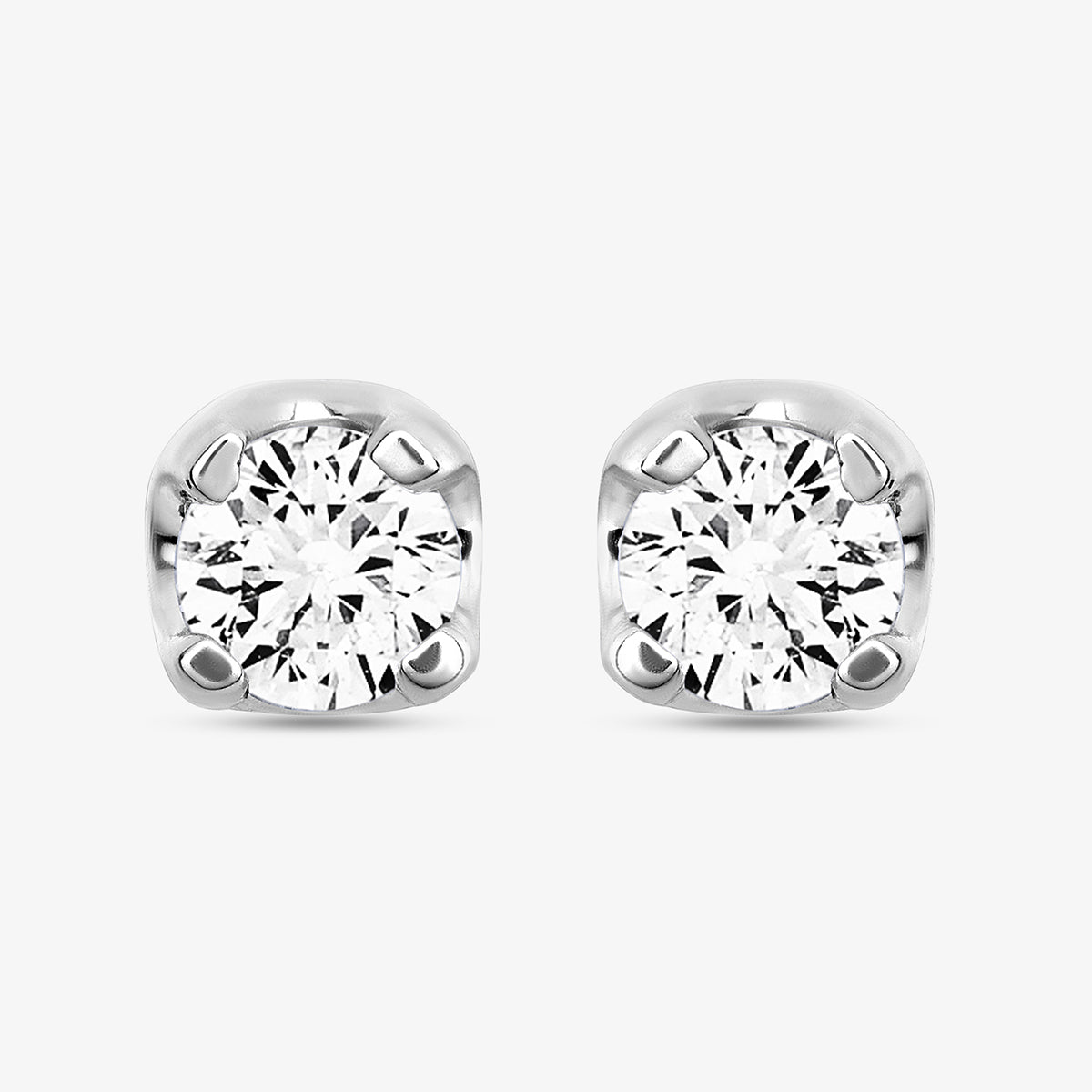 Keemti Jewels Morning Dew solitaire diamond stud earrings in white metal, round cut, front and side views shown.